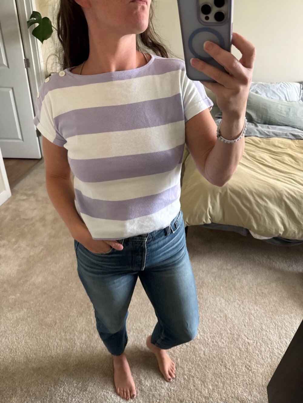 Vintage Lord & Taylor Lilac and White Striped Shirt Size Medium